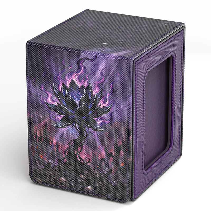 Card Deck Box for Lotus Pattern Print Cards with Display Window, Hold 100+ Double-Sleeved Cards, PU Leather, Fits CCG/TCG Cards