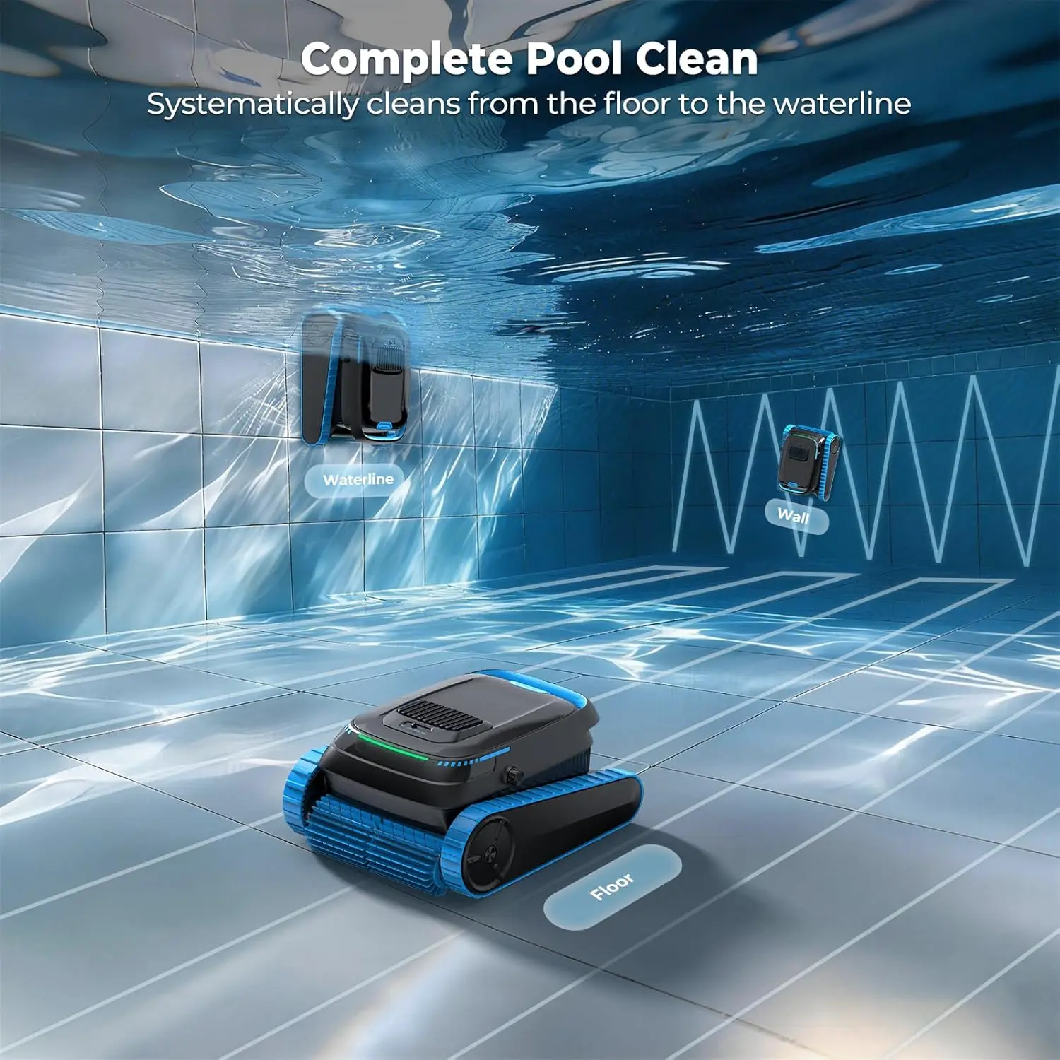 5200mAh Battery Cordless Pool Cleaner Robot 5000 GPH Smart Zigzag Navigation 150um Filter Wall Waterline Vacuum Scrubber