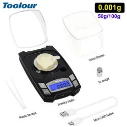 Toolour Milligram Scale 0.001g Digital Jewelry Scale USB Charging Micro Gram Scale 50g/100g for Powder, Medicine, Gold, Gem