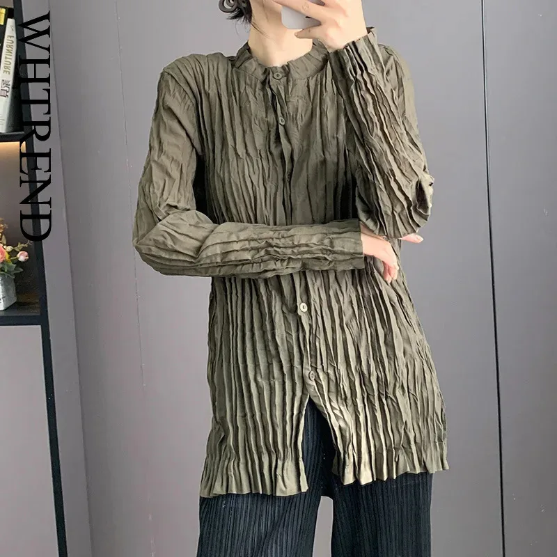 

WHTREND плиссированные женские рубашки, осеннее пальто ручной работы с длинными рукавами, свободная элегантная модная универсальная верхняя одежда WH1069