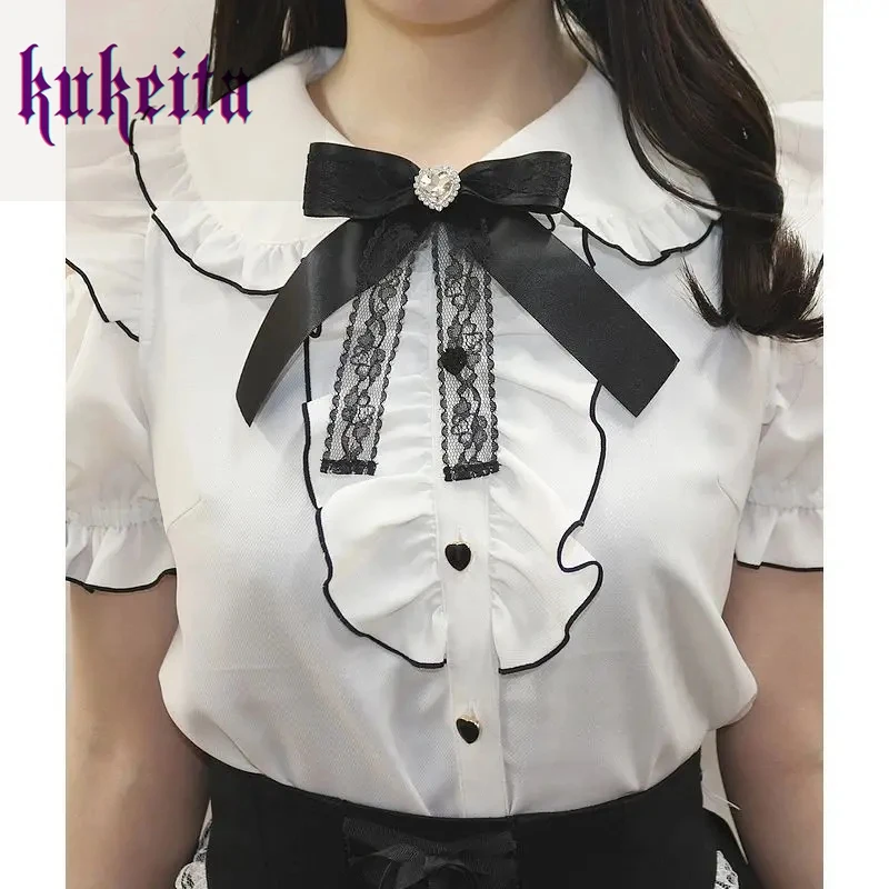 Harajuku Y2k Sweet Lolita Blouses Women Japanese Cute Peter Pan Collar Ruffled Bow ShortSleeve Shirts Girly Kawaii Tops Blusas