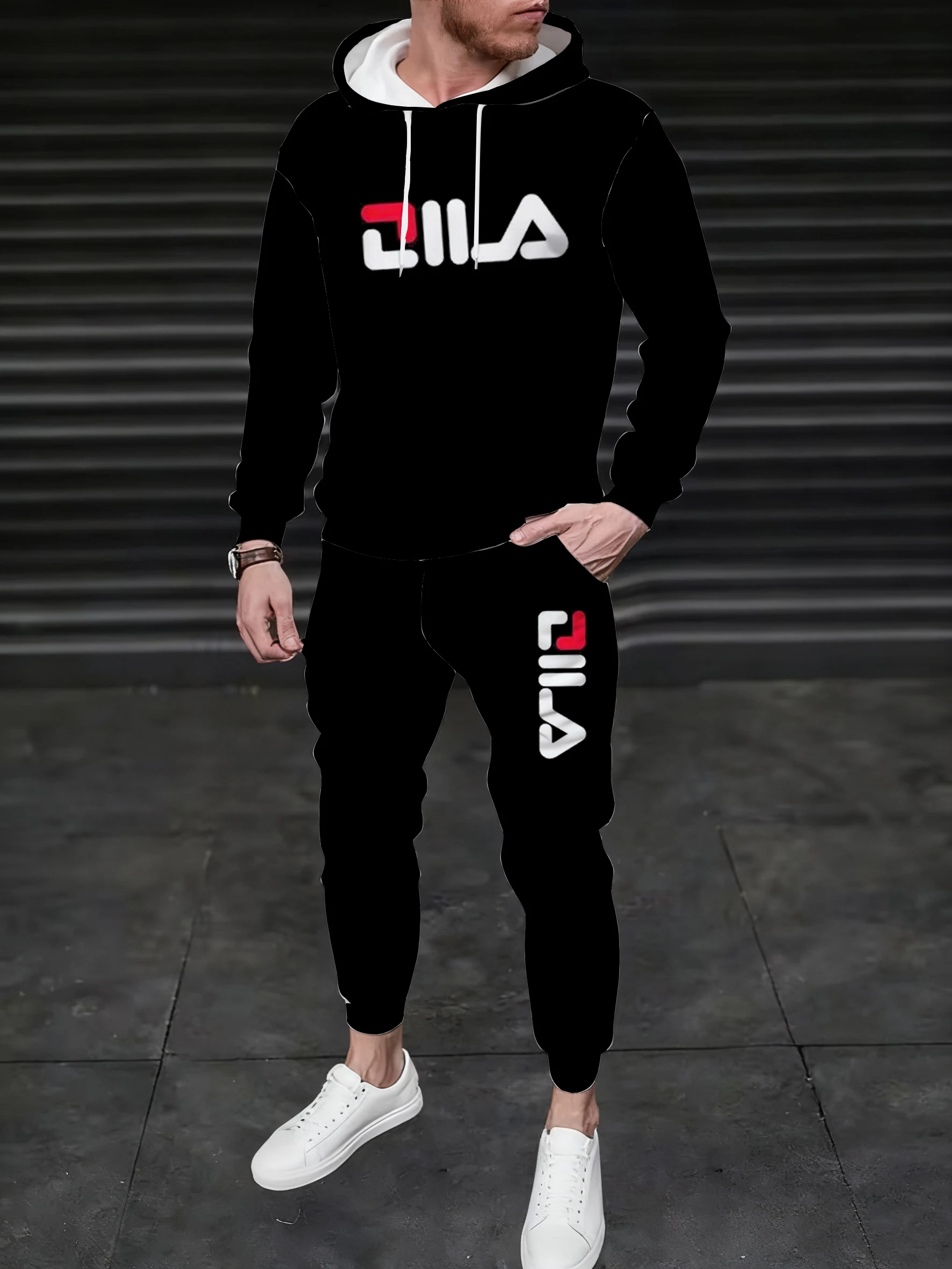 

Мужская толстовка с капюшоном в сочетании со спортивными штанами с принтом загадочных символов. Обеспечивает универсальный уличный стиль.