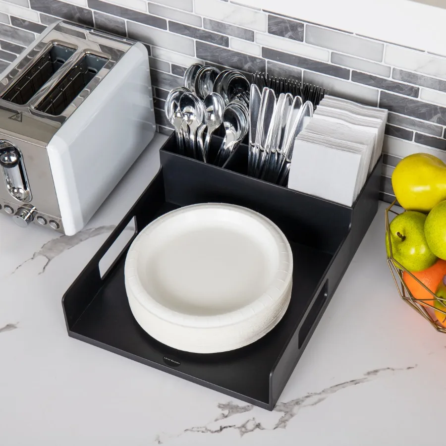 Utensil Napkin and Plate Holder Silverware Organizer Serving Tray Plastic Black view 6
