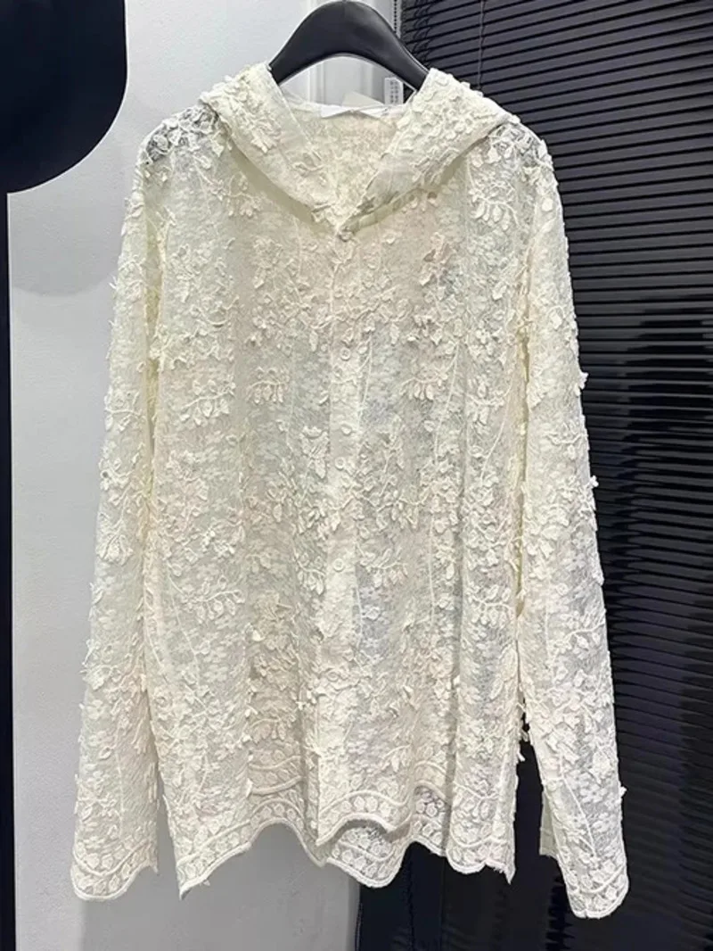 Spring Summer Fashionable Men's Shirt Hollow-out French Lace Hooded Long-sleeve Shirts Jacquard Trend Male Tops FR64