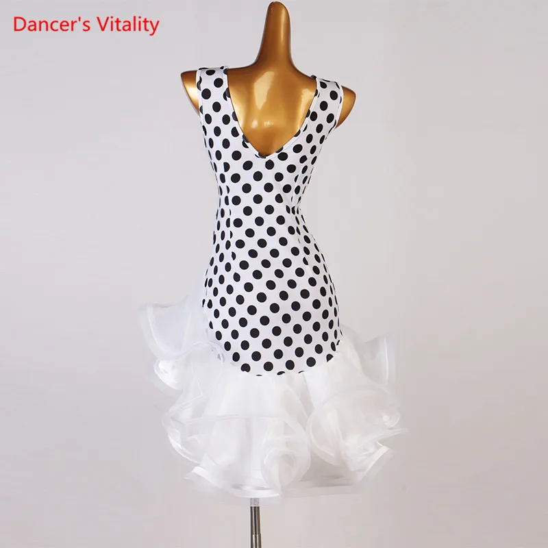 Latin Dance Dress V-Neck Wave Point Skirt Profession Custom Female Adult Child Elegant Performance Clothes Competition Clothing