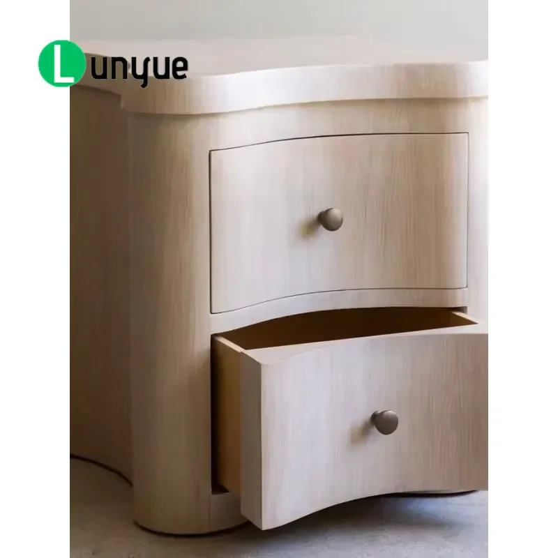 Modern Curved Wooden Bedside Table with Two Drawers Oak Trim Nightstand Storage Cabinet for Bedroom Living Room Home Decor