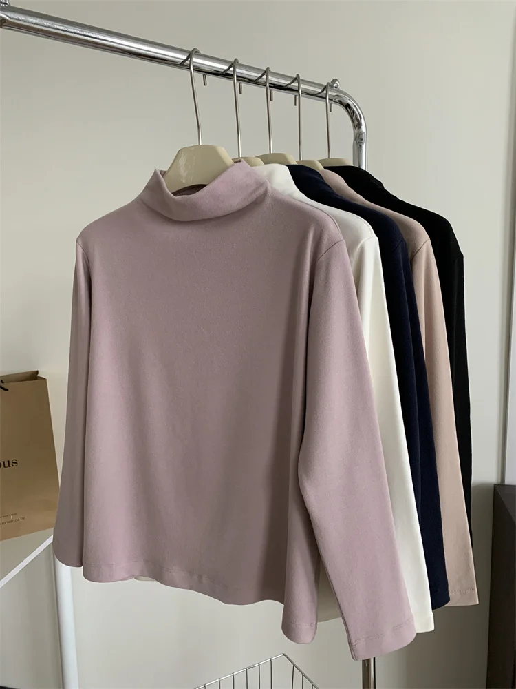 

Thickened Matte Solid Color Standing Collar Sweatshirt Women Loose Casual Basic Versatile Inner Layer Long Sleeved T-shirt Top