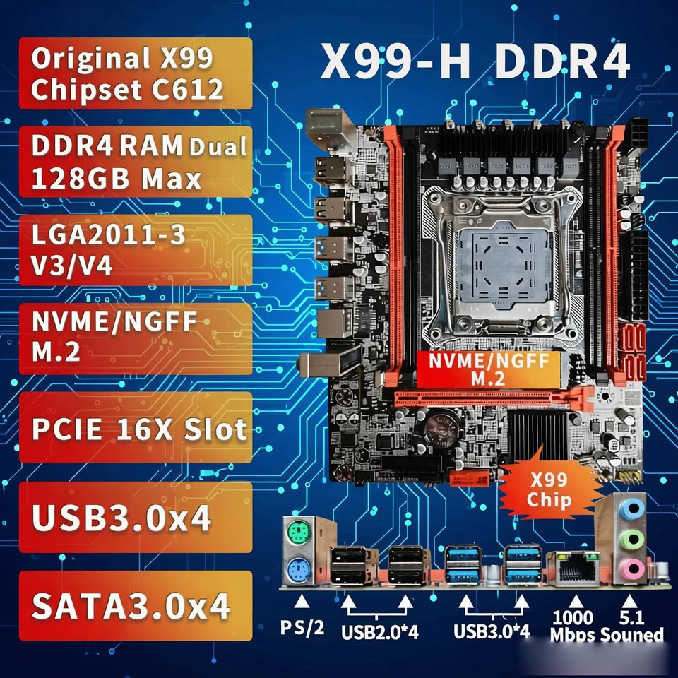 X99 마더보드 LGA2011-3 V3/V4 CPU DDR4 PC/REG ECC RAM NVME/NGFF M.2 C612 칩 SATA3.0 USB3.0 PCIE3.0 16X 슬롯 PS/2 썸네일 7