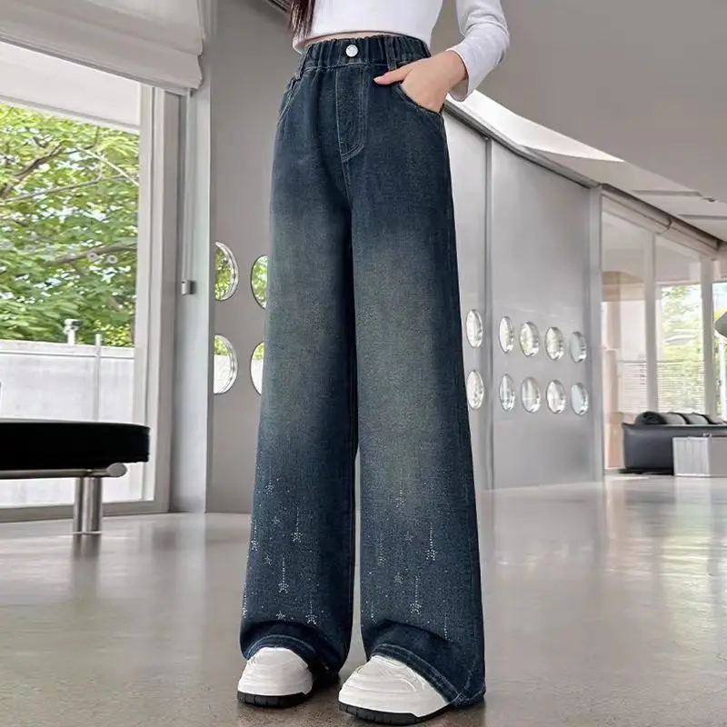 2026 Girls Fleece Lined Wide Leg Jeans Autumn Winter Kids Loose Denim Pants Children Casual Long Trousers