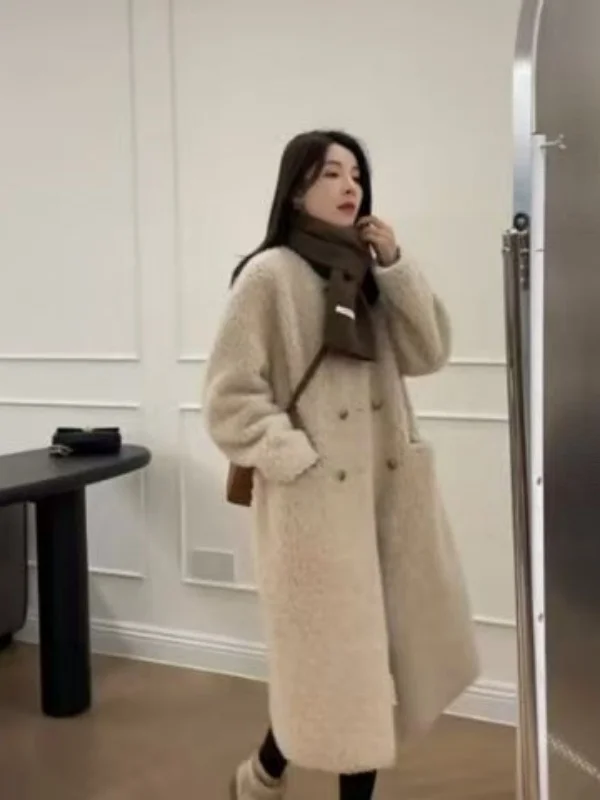 Retro Lammfell Jaet Damen Warme Oberbekleidung Lange Sve runde Ne Mittellange Lose Passform Vielseitiger Wintermantel Polyesterfaser