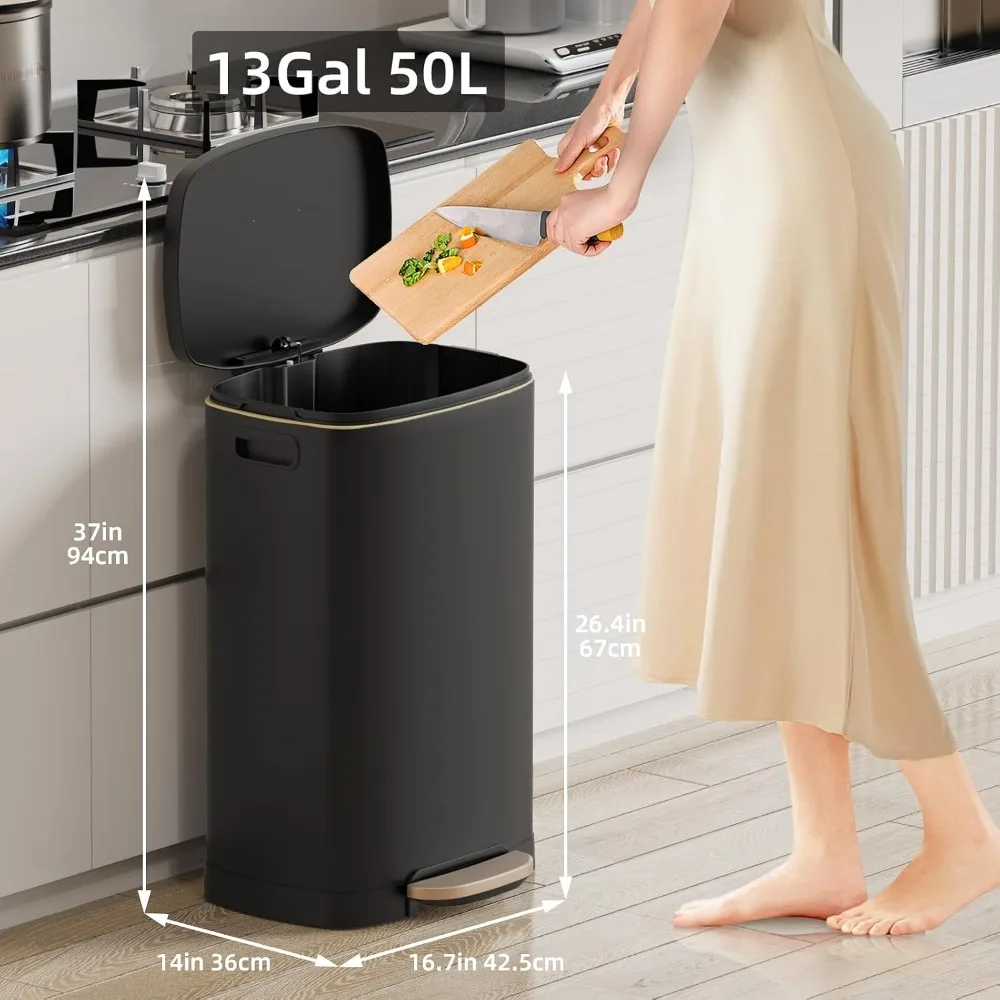 50L/13Gal Step Trash Can with Lid, Silent Close, Hands-Free, Stainless Steel