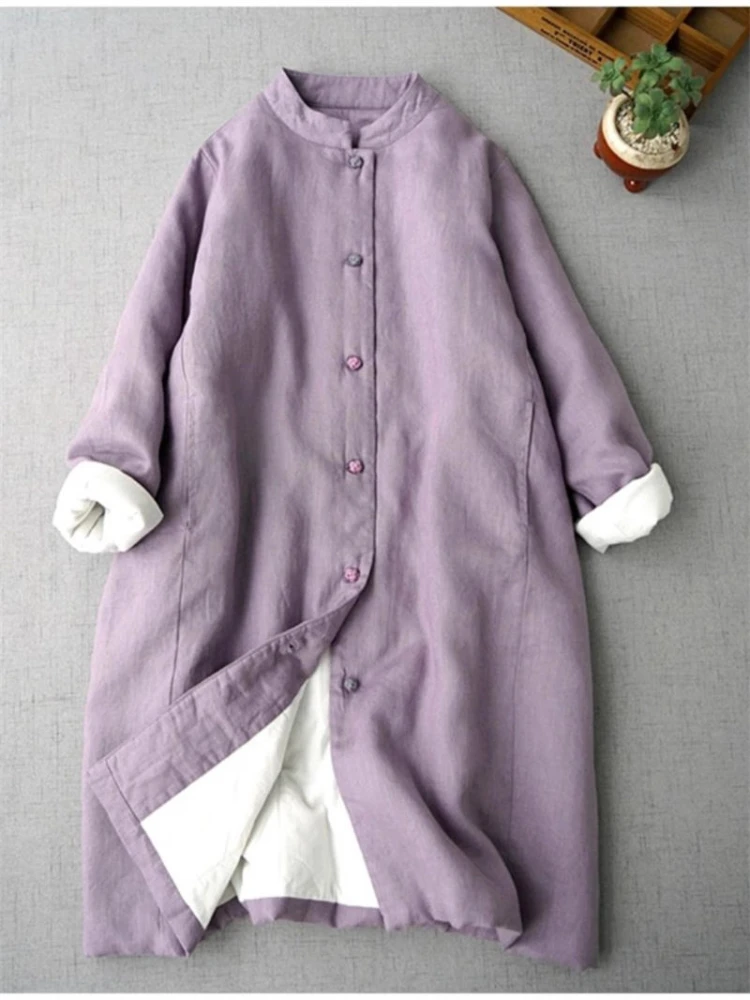 Novo estilo chinês casaco longo de algodão feminino gola alta fivela outono inverno comprimento médio quente linho acolchoado jaqueta