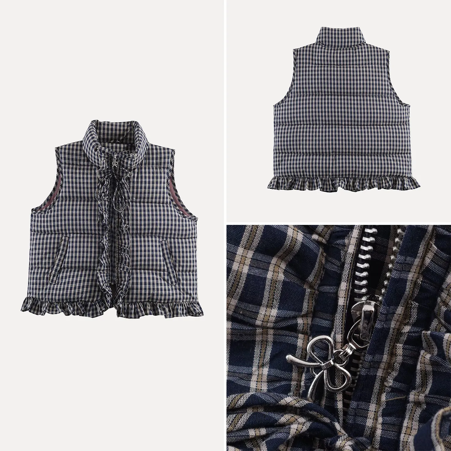 

Модный клетчатый жилет с оборками и поясом, Зима 2025, Женская и девичья верхняя одежда, с вышивкой, на молнии