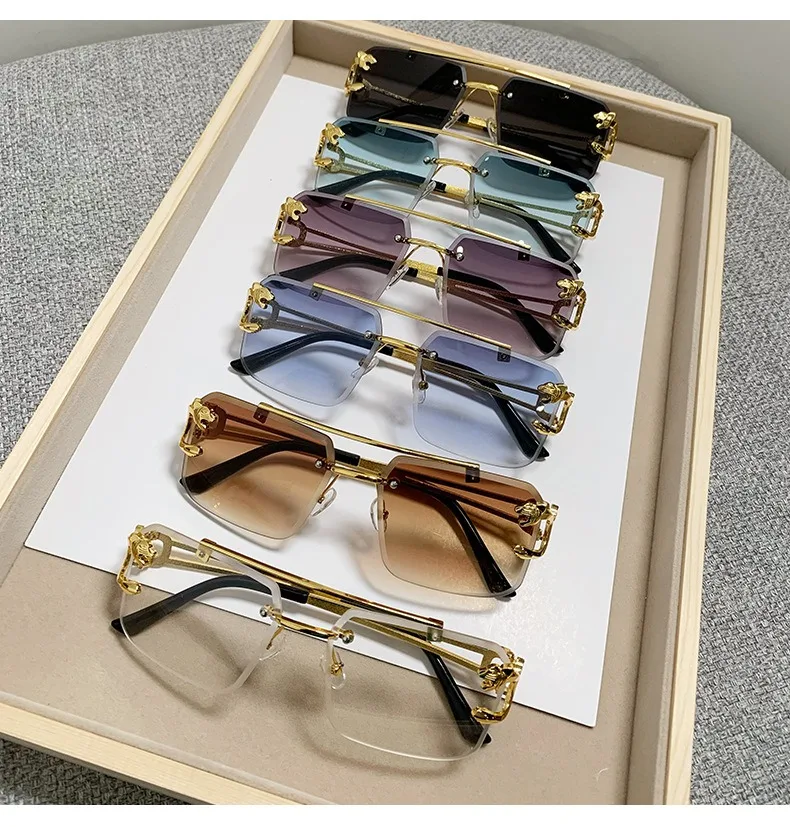 Rimless Square Double Bridge Sunglasses Fashion Stylish for Women Vintage Trend Brand Design Men Shades Eyewear