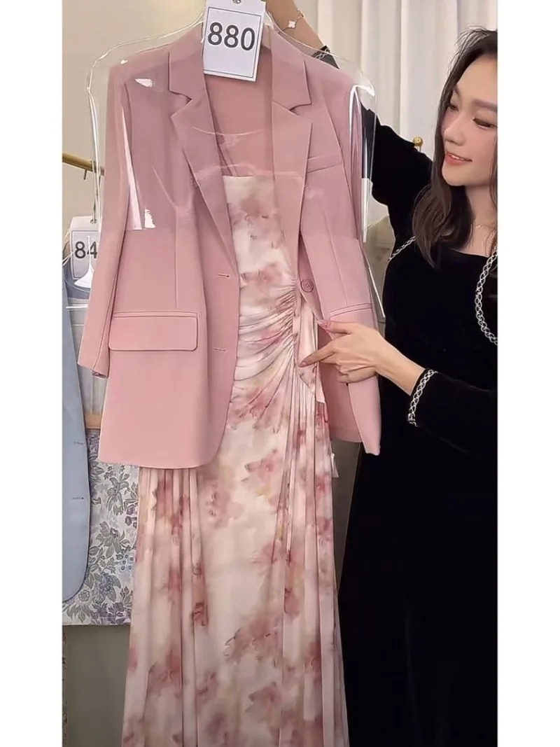 Giacca da abito temperamento francese abito con cinturino con stampa floreale Set da due pezzi Lady Shirring risvolto monopetto dolce delicato