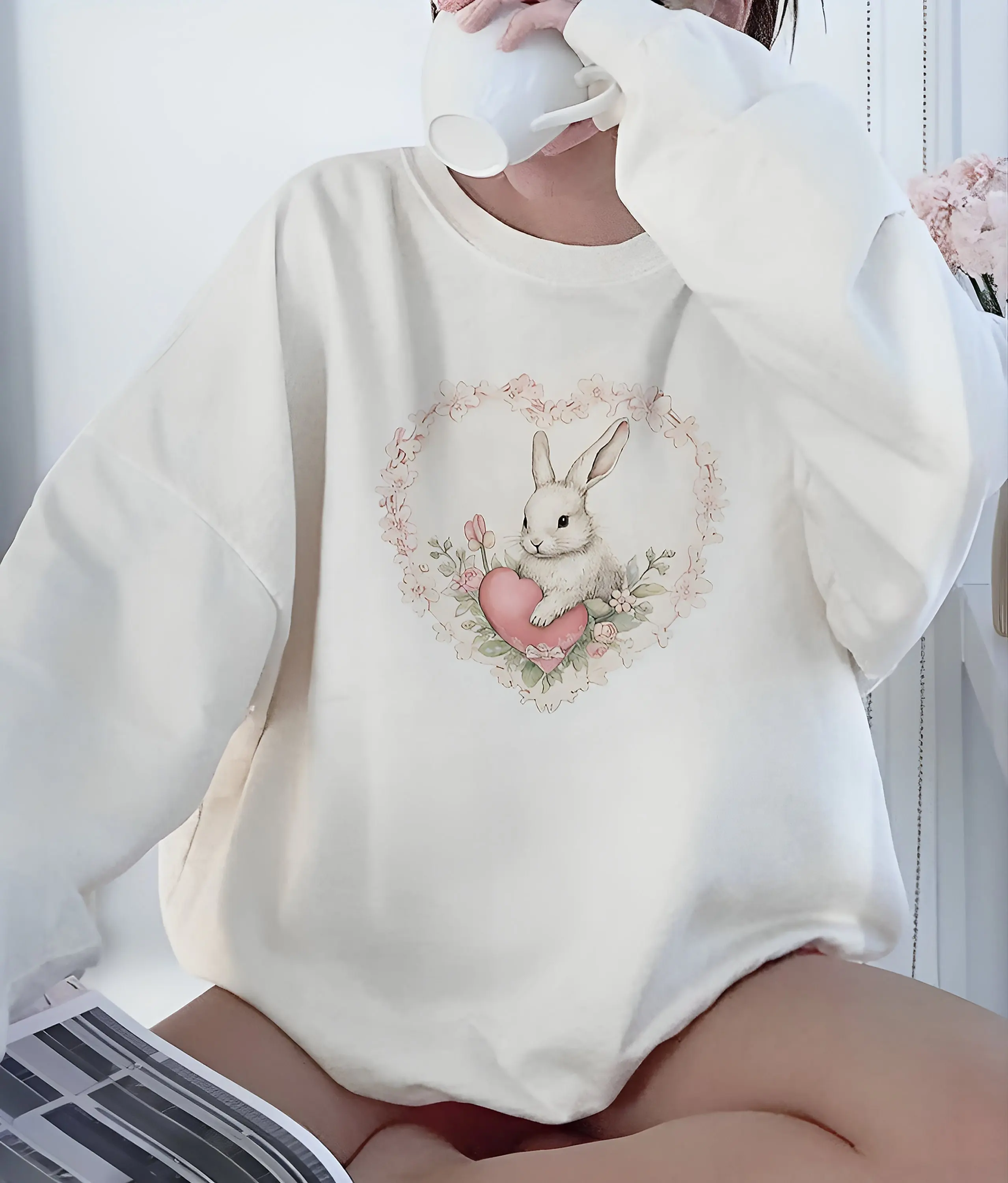 Funny Flowers Love Wreath Rabbit Print Women Sweatshirt Easter Rabbit Eggshell Easter Female Sweater Casual Pupular Girl Tops