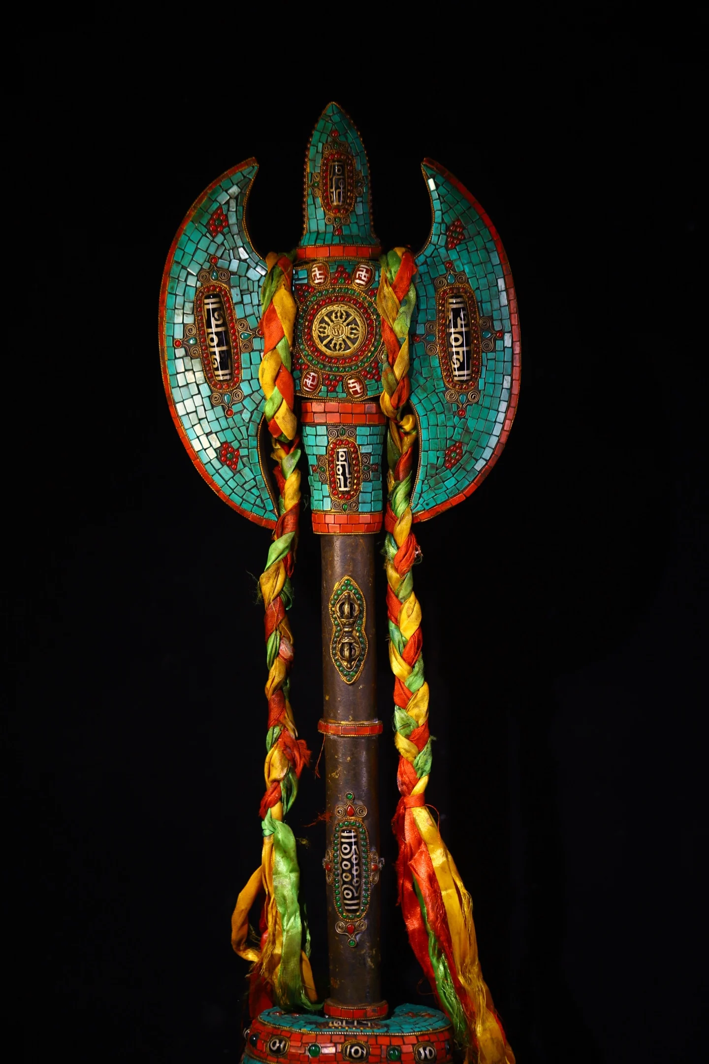 

30"Tibetan Temple Collection Old Natural Meteorite Mosaic Gem gZi Beads Turquoise Axe Shaped Vajra Phurpa GARUDA Base Amulet