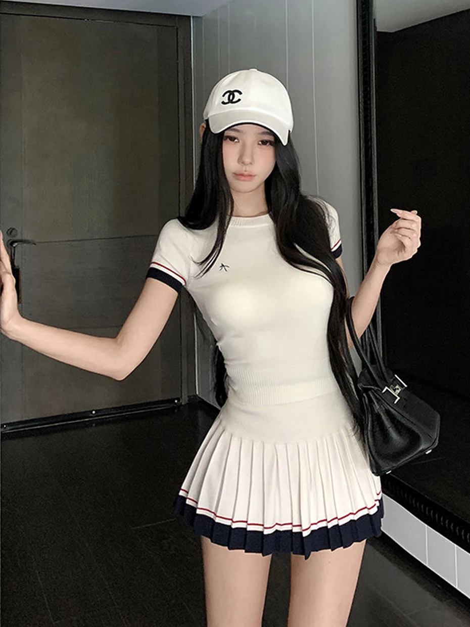 

White Slim Fit Short Sleeve Knitted T Shirt Women Summer Casual Sport Set Half Skirt Two Piece Set High Waist Short Skirt