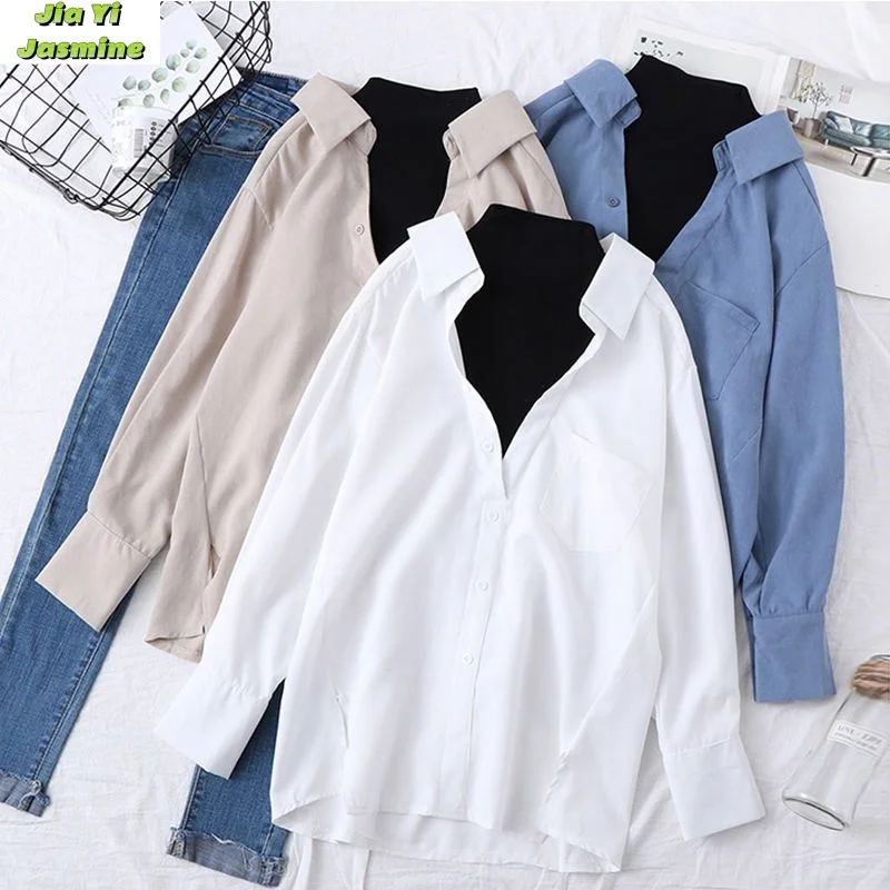 

Fall 2024 Women's Long Sleeved Loose Fitting New Korean Version Versatile Fake Two White Shirts