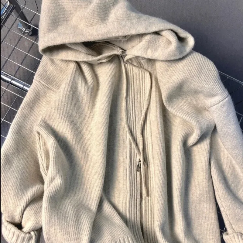 Solid Hooded Sweater Coat Autumn Winter Double Zipper Loose Streetwear Fashion Korean Soft Thickened Knitted Tops Y2k Goth Coats