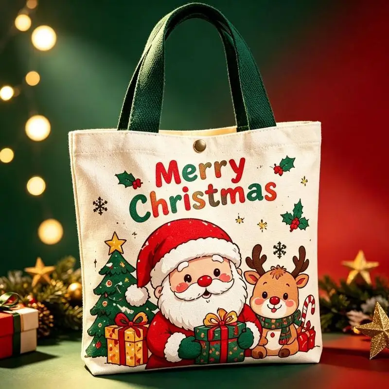 1pcs Christmas Gift Bags Cartoon Santa Claus Xmas Tree Handheld Canvas Bag Xmas Celebration Decor Happy New Year Party Gift