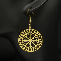 Norse Runes Viking Compass Earrings for Women Stainless Steel Gold Color Vegvisir Talisman Ear Hook Scandinavian Jewelry E7023S0