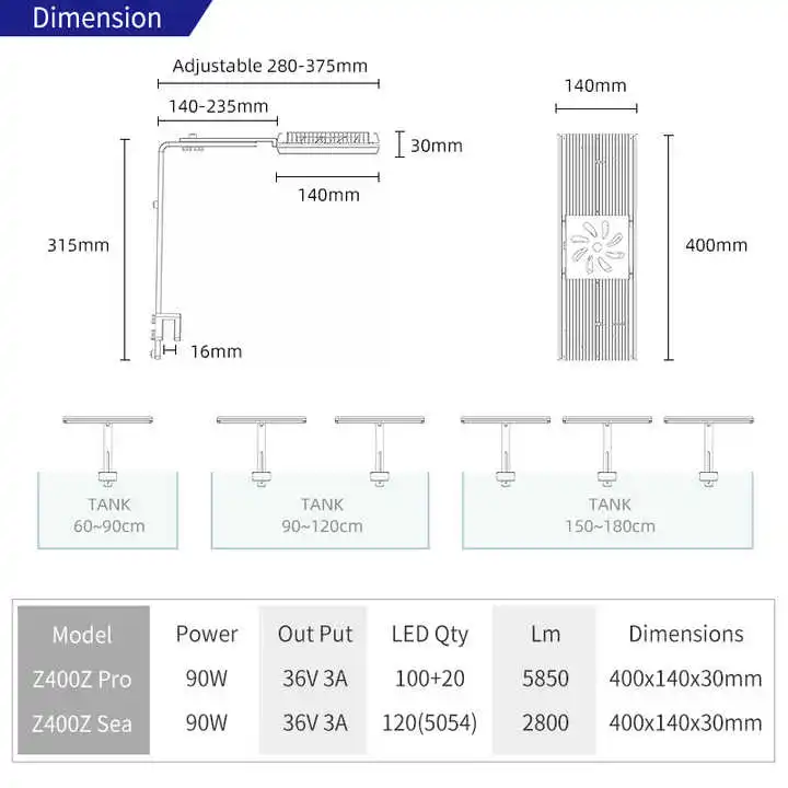 WEEK AQUA Z400D PRO RGB+UV Height Adjustable High Quality Sunrise and Sunset Freshwater Fish Tank LED Aquarium Lamp