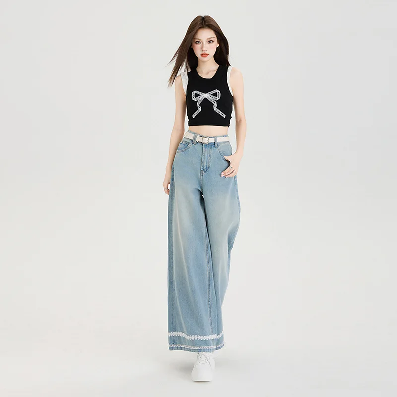 Hoge taille rechte jeans dames enkellange jeans kant gesplitste zakken rits losse pasvorm 2025, casual wijde pijpen broek