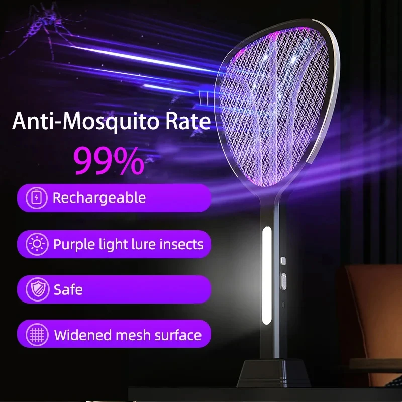 

2-in-1 Electric Mosquito Racket Fly Swatter Trap Electric Mosquito Swatter USB Rechargeable Mosquito Racket Fly Zapper For Home