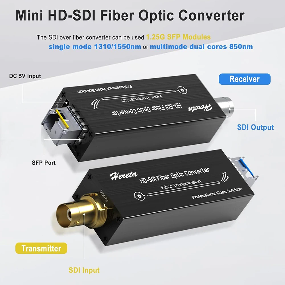 Mini HD-SDI Fiber Converter/Extender 1080P&30Hz up to 20km Over Single Mode LC Fiber Type-C 5V Input Uncompressed