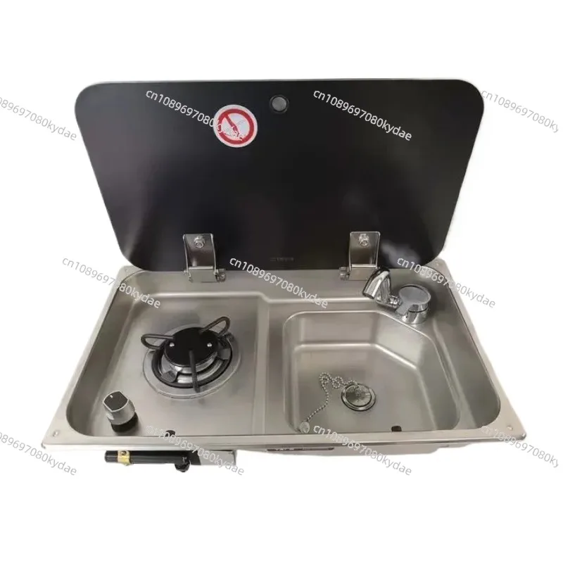 Stainless Steel Single Burner Gas Stove and Sink Combo with Tempered Glass Lid for RV Caravan Yacht 536*318*146/120mm