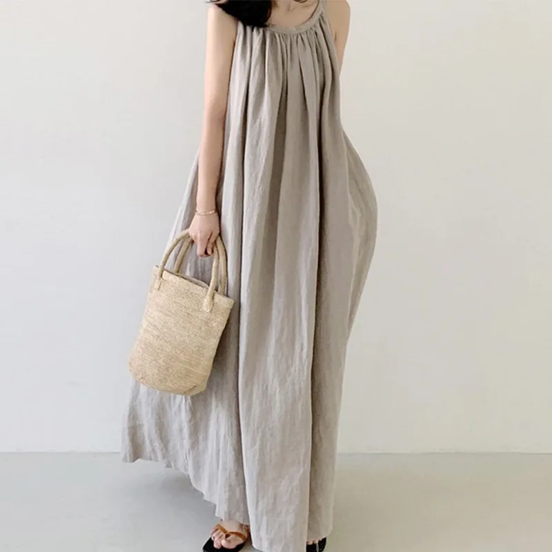 

Korean Fashion Summer Dress for Women Lazy Style Round Neck Loose Casual Sleeveless Long Dress Solid Color Long Camisole Dresses