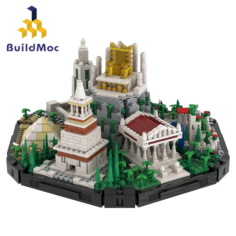 BuildMoc Architectural Skyline Building Block Set with Zeus Statue ,Great Pyramid of Giza,Hanging Garden Model Toys(1919 PCS)