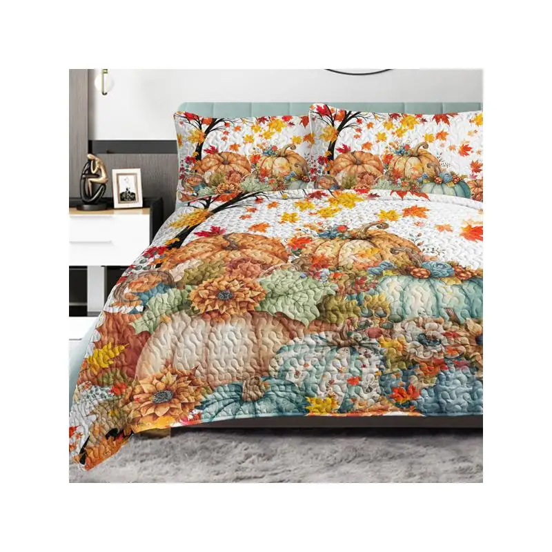 

3PC Colorful Oil Painting Pumpkin Pattern Quilt Set King Size for All Seasons with 2 Pillowcases, Autumn Leaves Bedding for