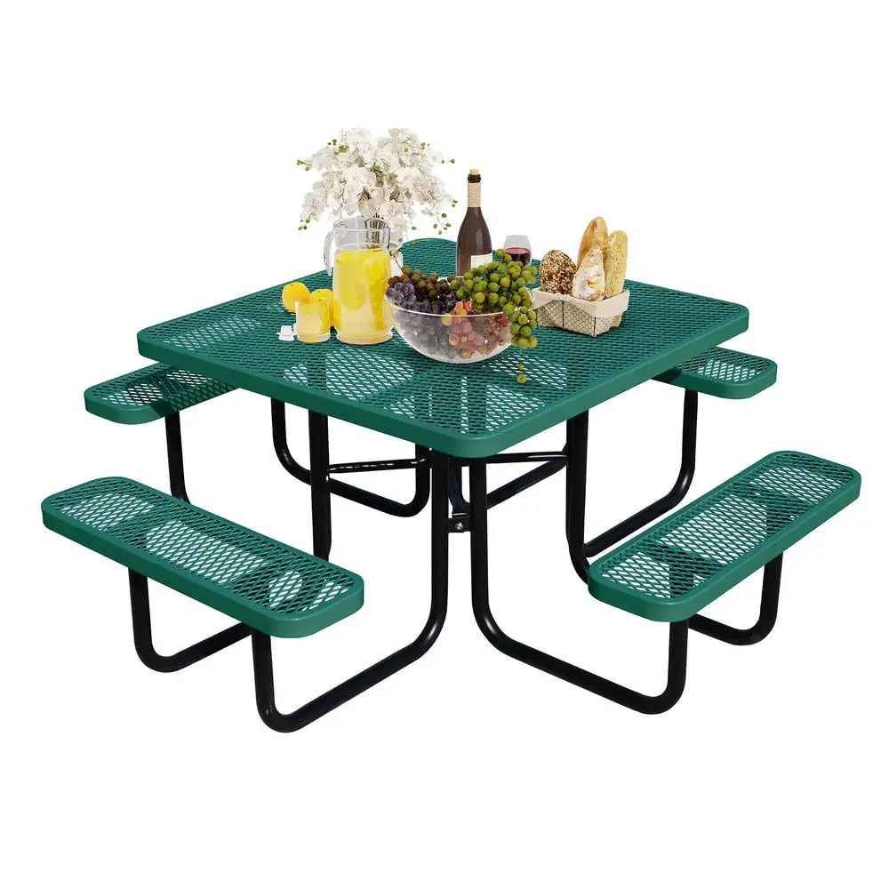 

Square Picnic Table for 8 Person, Outdoor Heavy Duty Sturdy Picnic Tables with 4 Benches amp Umbrella Hole, Commercial Metal Pa