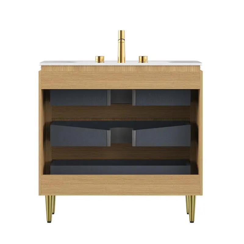 Vanity e lavabo da bagno da 36'', mobiletto indipendente in compensato con griglia ultrasottile, 3 cassetti, pietra bianca Carrara integrata