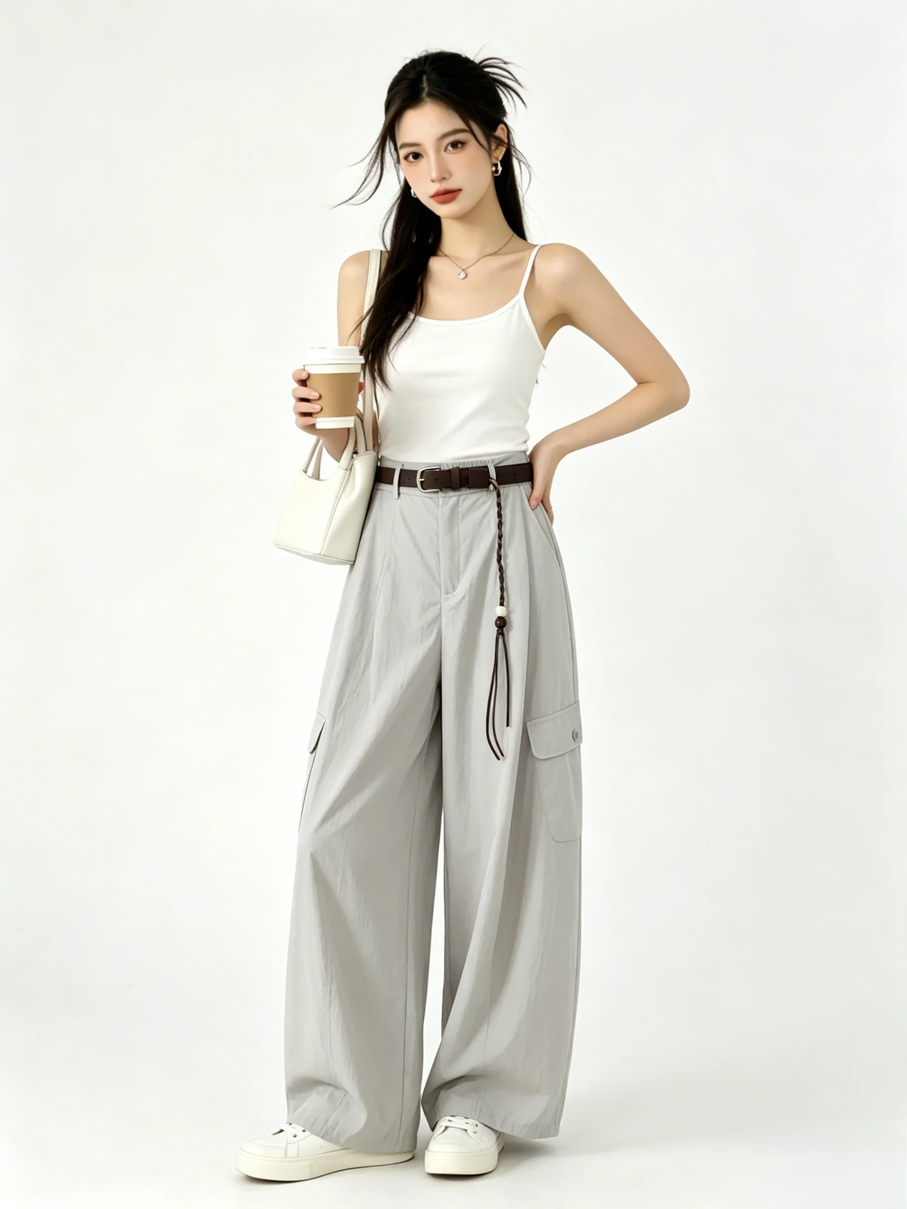

Light Grey Commuter Work Pants Casual Korean Style Simple Sporty Women's Summer Drapey Wide Leg Pants Floor-Length