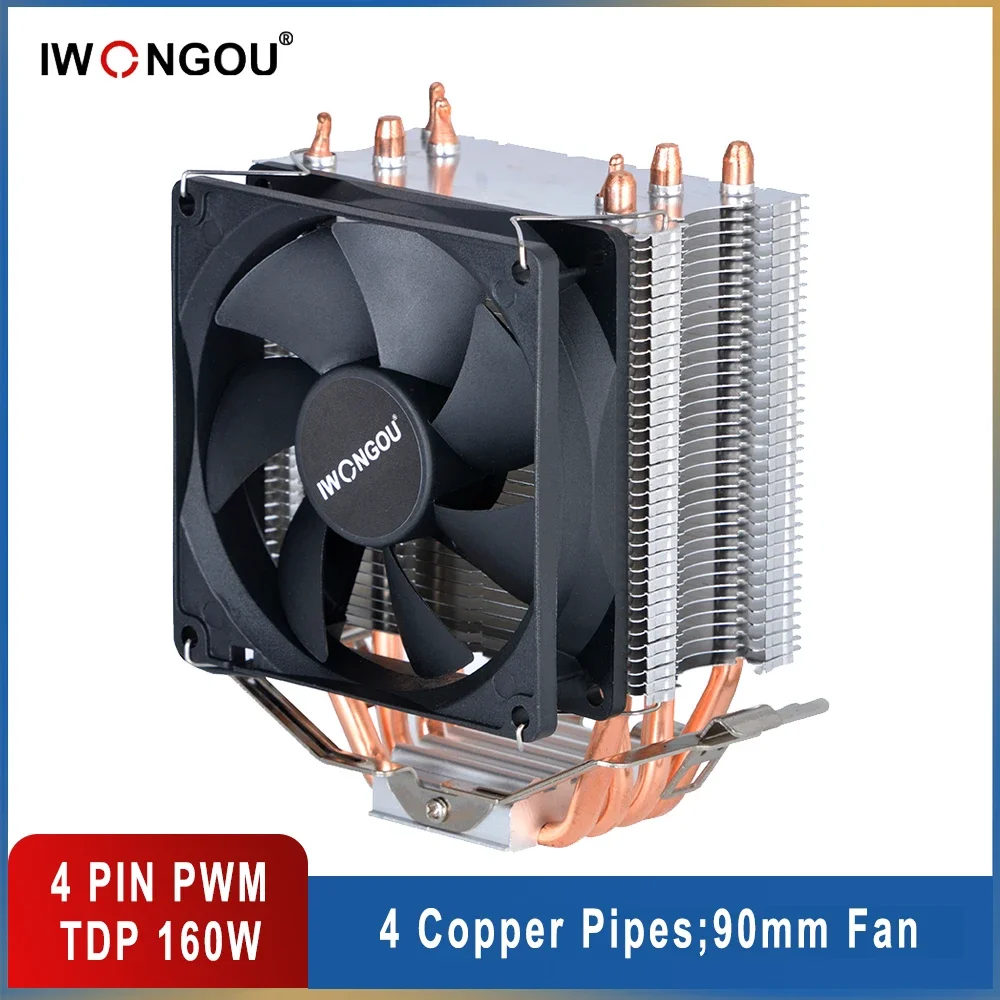 Enfriador de procesador X99 lga 2011, radiador de 4 tubos de calor, IWONGOU, 4 pines, 90mm, RGB, ventilador de Cpu de refrigeración para Intel Lga1200, 1155, 1700, AM3, Am4, AMD