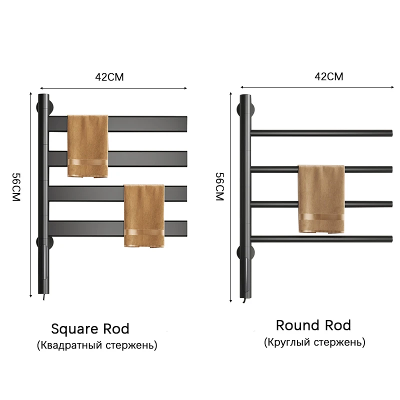 Imagem -06 - Rotatable Elétrico Aquecido Toalha Rail para o Banheiro Black Towel Warmer Four Rods Aquecimento Rack Square e Round Towel Dryer