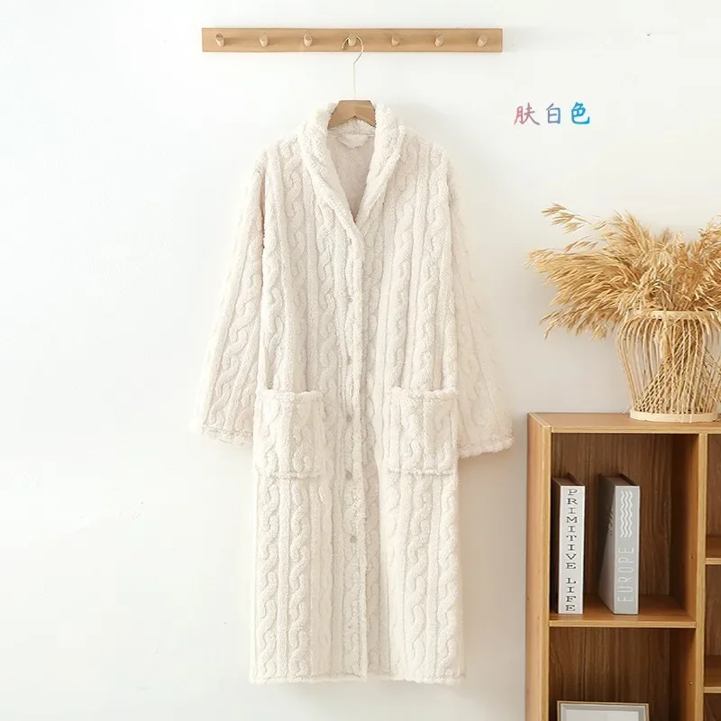 2024 New Autumn/Winter Women\'s Bathrobe Flannel Thickened Warm Buckle Long Dress Solid Color Nightgown Home Fur Ladies