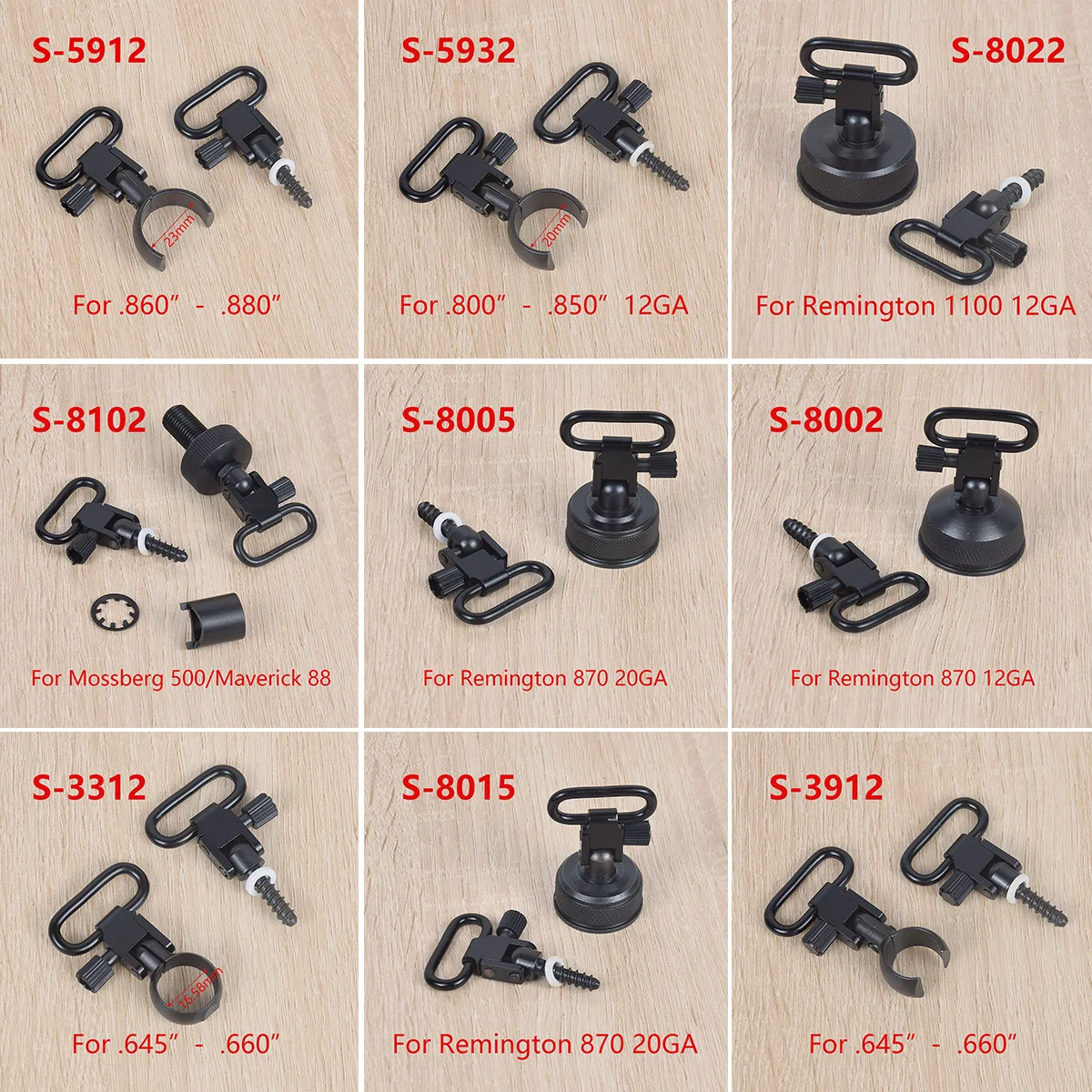 

Tactical QD Quick Detach Sling Swivels Adapter Set Shotgun Mount Kit - Fits Most 12 Ga. Magnum Split Band .800"-.850" S-5932