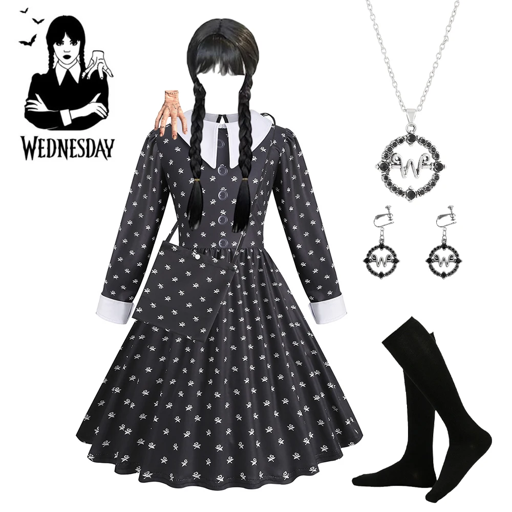 

Среда Аддамс, детский карнавальный костюм на Хэллоуин, готическое платье с принтом для девочек, аксессуары, костюм, праздничный подарок, кошелек или жизнь!