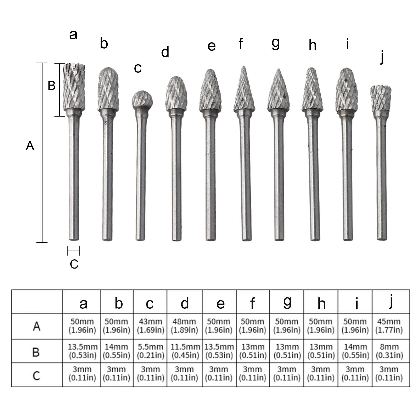 10Pcs 3mm Shank Rotary Burr Cutter For Electric Grinding Tool Metal Iron Alloy Steel Stainless Steel Milling Router Bits
