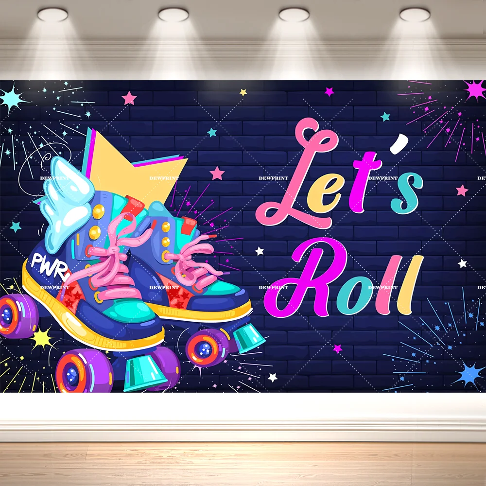 Dewprint Let's Roll Roller Skate Birthday Backdrop Neon Brick Wall Colorful Skate Star Retro Disco Party Banner Decor Supplies