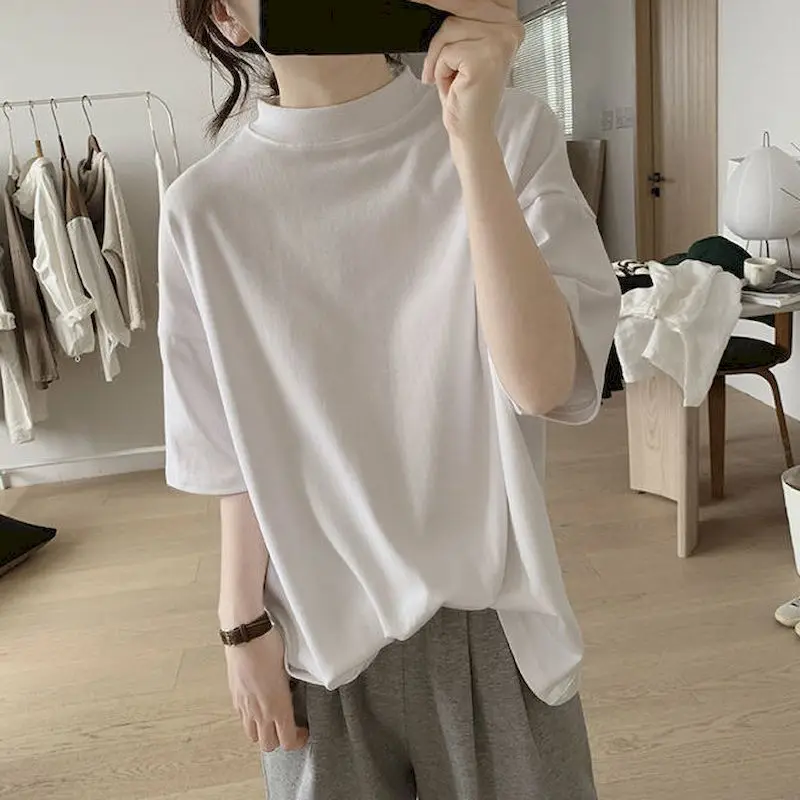 Semi-high Collar T-shirt Women Casual Simple Short Sleeve Top Spring Summer Trend Loose Thin T Shirt Korean Style Vintage Tshirt