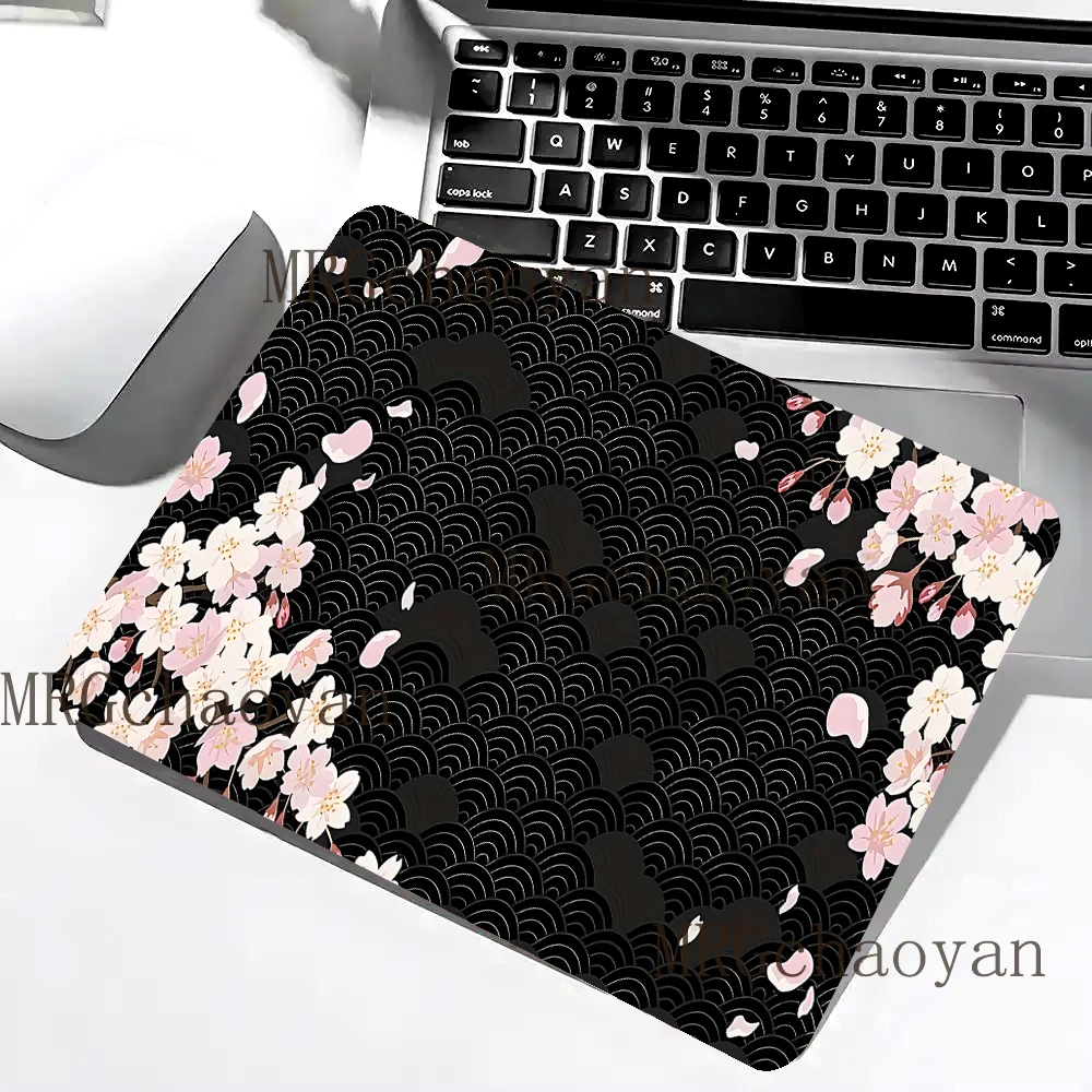 XXL Oversized cherry blossom black mouse pad thickened non-slip rubber pink and white floral pattern keyboard mat desk decor rug