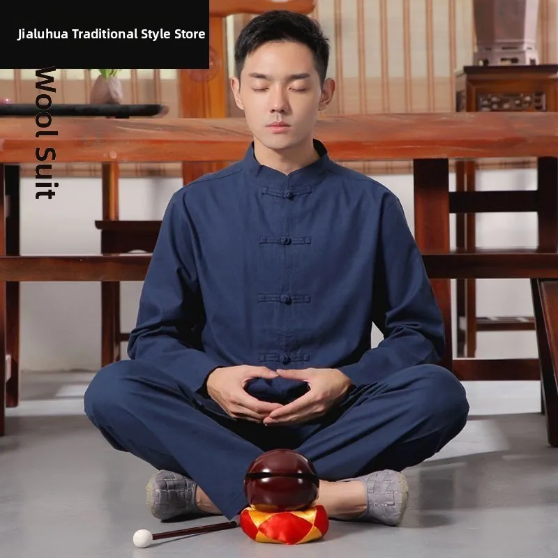 

Summer Cotton Lin Monastic Robe Set Zen Meditation Clothing Middle-Aged Tang Costume Men's Button Retro Buddhist Sle Hanfu