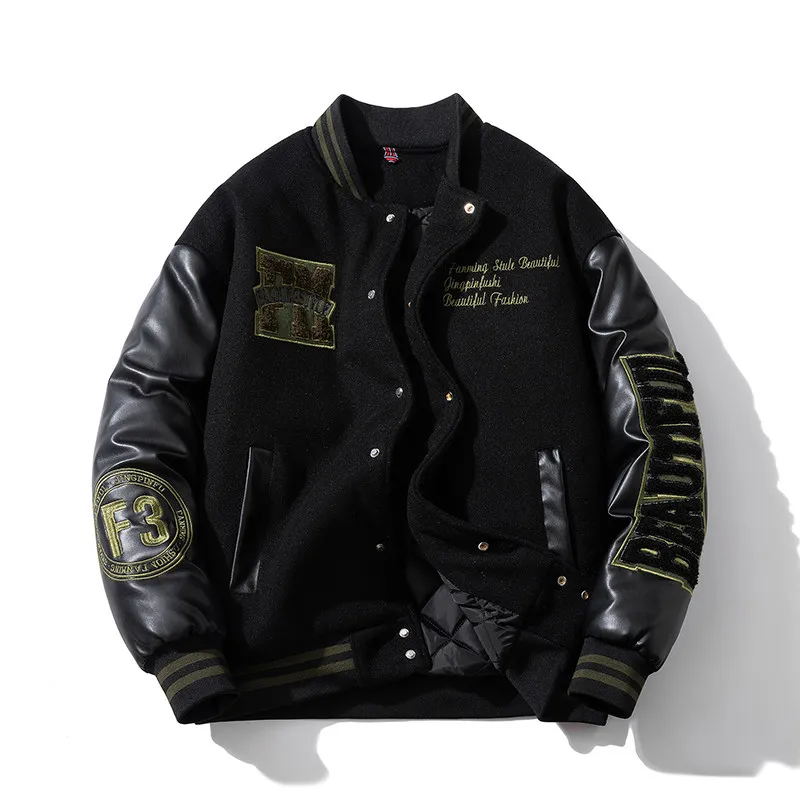 American Retro Woolen Baseball Jacket Men's  Winter Thick Loose Contrast Color Embroidered Flight Cotton-Padded Fashion