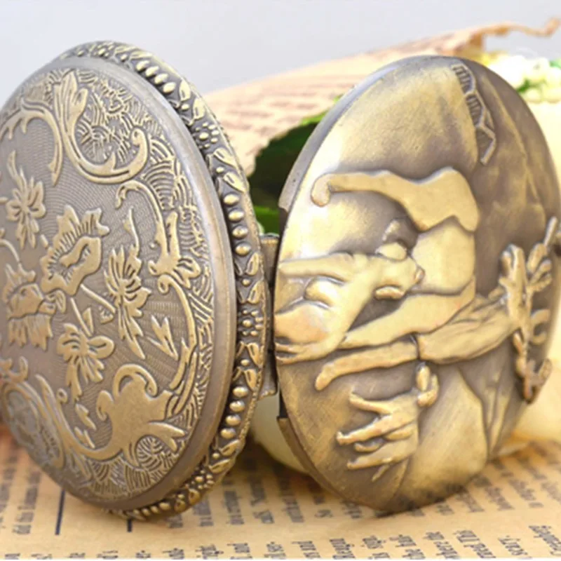 Vintage Bronze Carving Quartz Pocket Watch for Men Hollow Bird Cage Case Fob Chain Clock for Collection Gift Analog Display