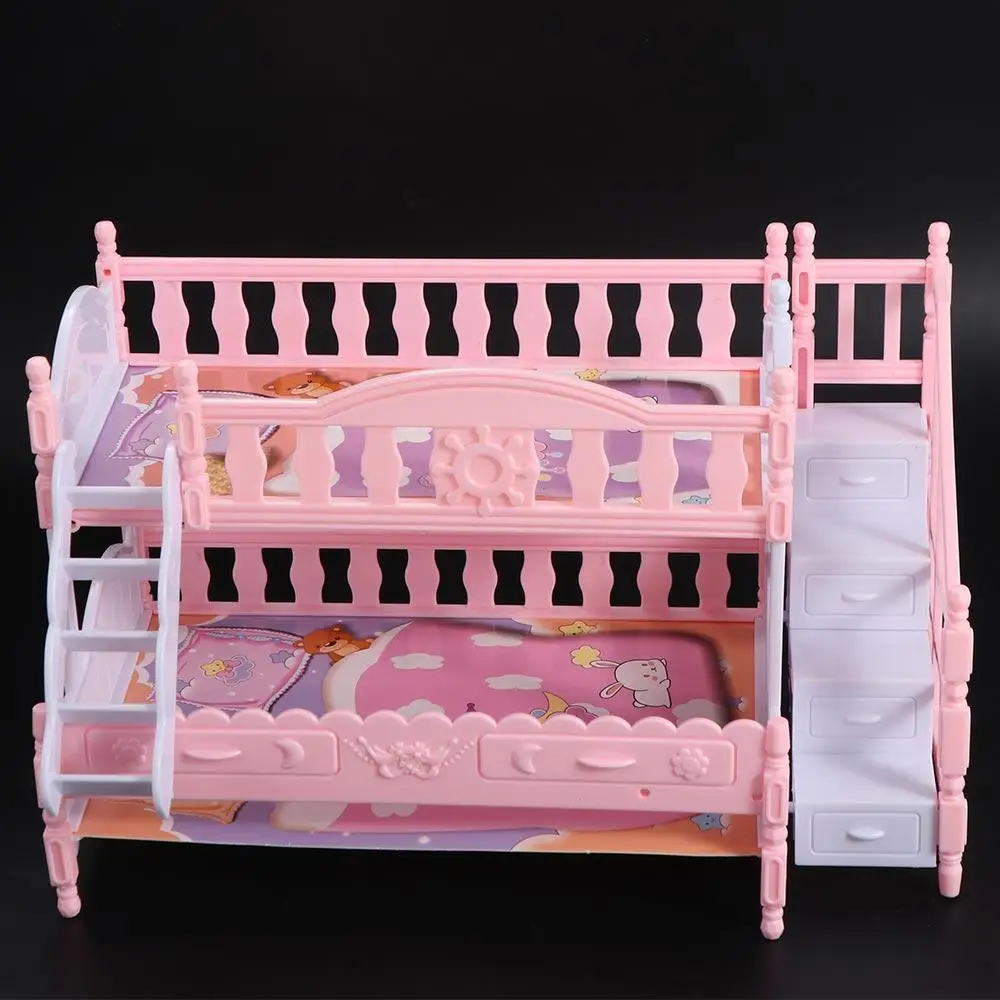 Dollhouse Cama dupla Simulação Escadas, Beliche, Cama princesa de plástico, Boneca BJD Acessórios